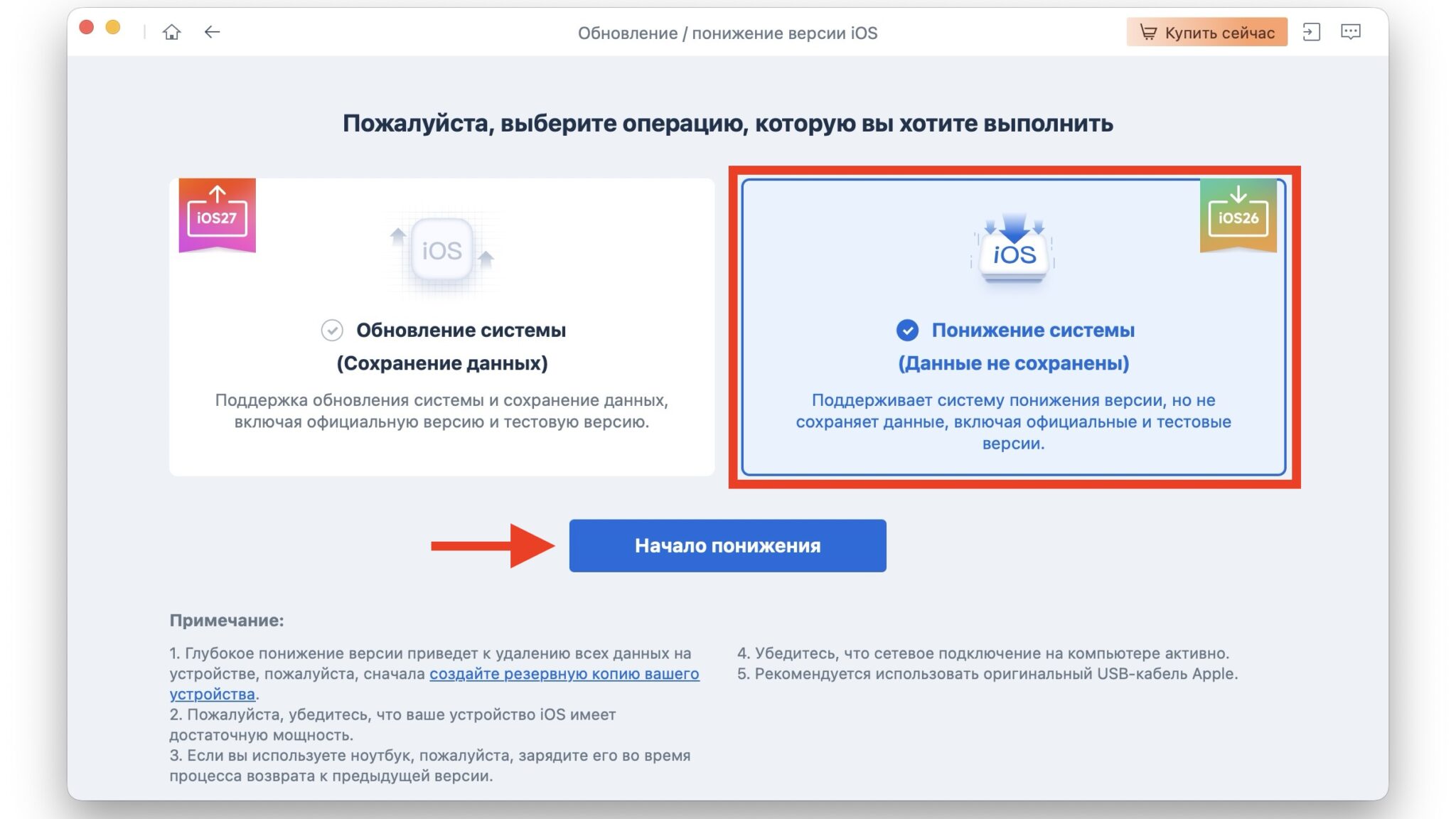 Переход к понижению версии iPadOS в Tenorshare ReiBoot
