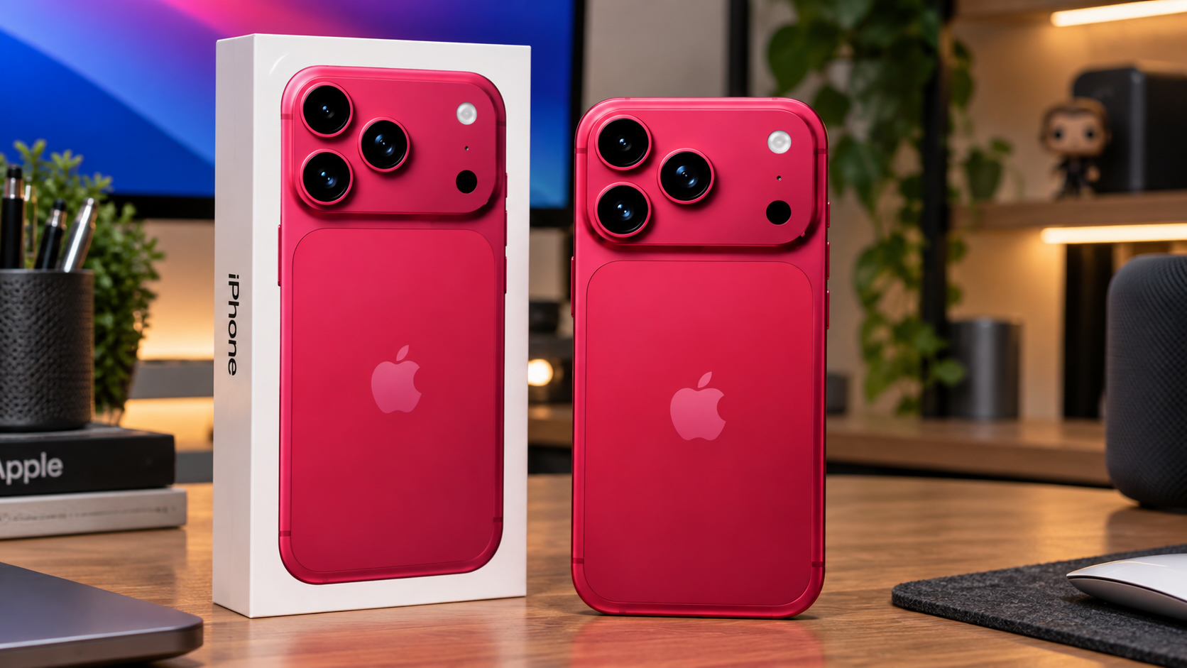 Дизайн прежний, но палитра обновится. Рендер iPhone 18 Pro рядом с коробкой. Фото.