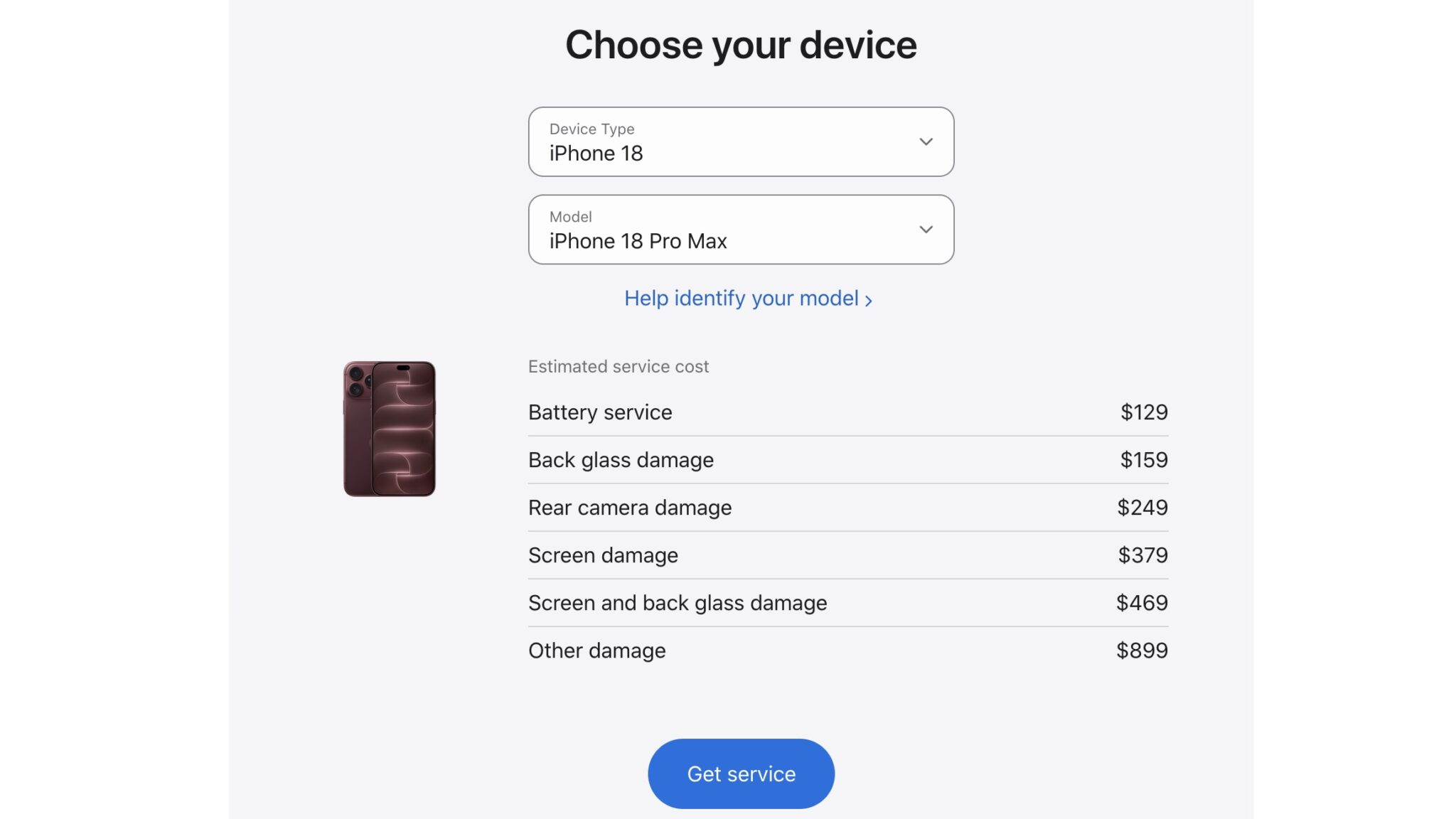 Цены на ремонт iPhone 18 Pro Max на сайте Apple