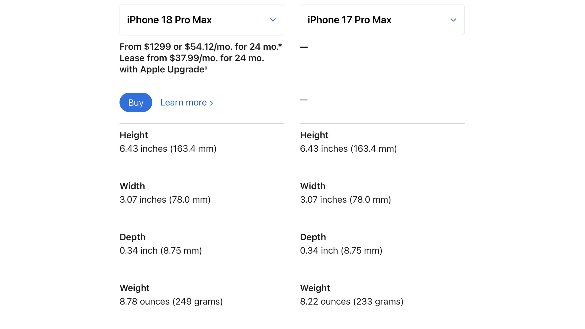 Сравнение размеров iPhone 17 Pro Max и iPhone 18 Pro Max на сайте Apple