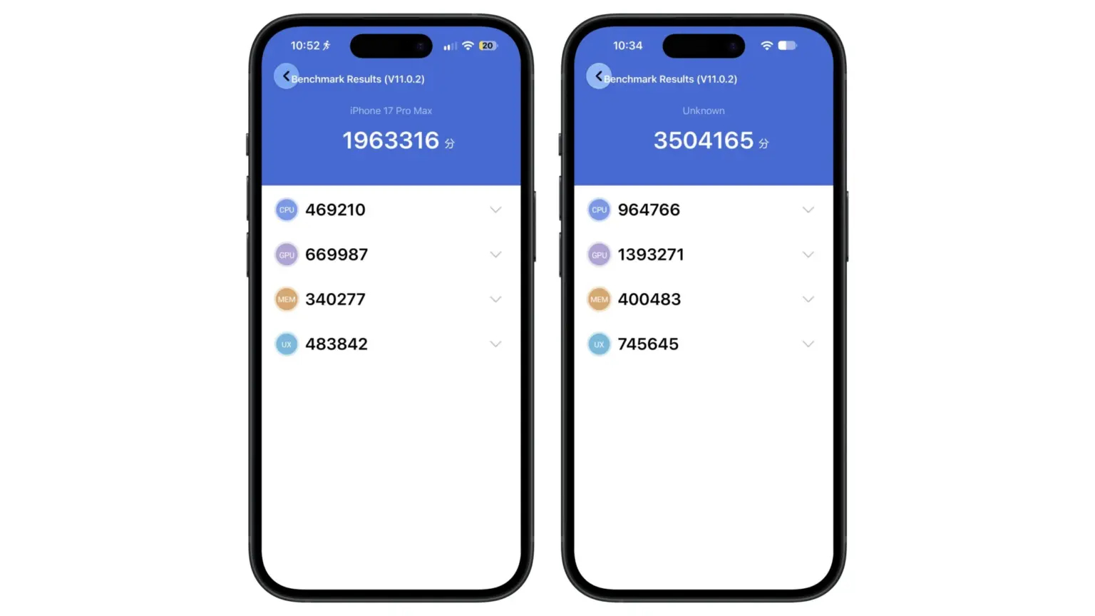 Результаты в AnTuTu. iPhone 17 Pro Max слева, 18 Pro Max справа. Изображение: Wylsacom