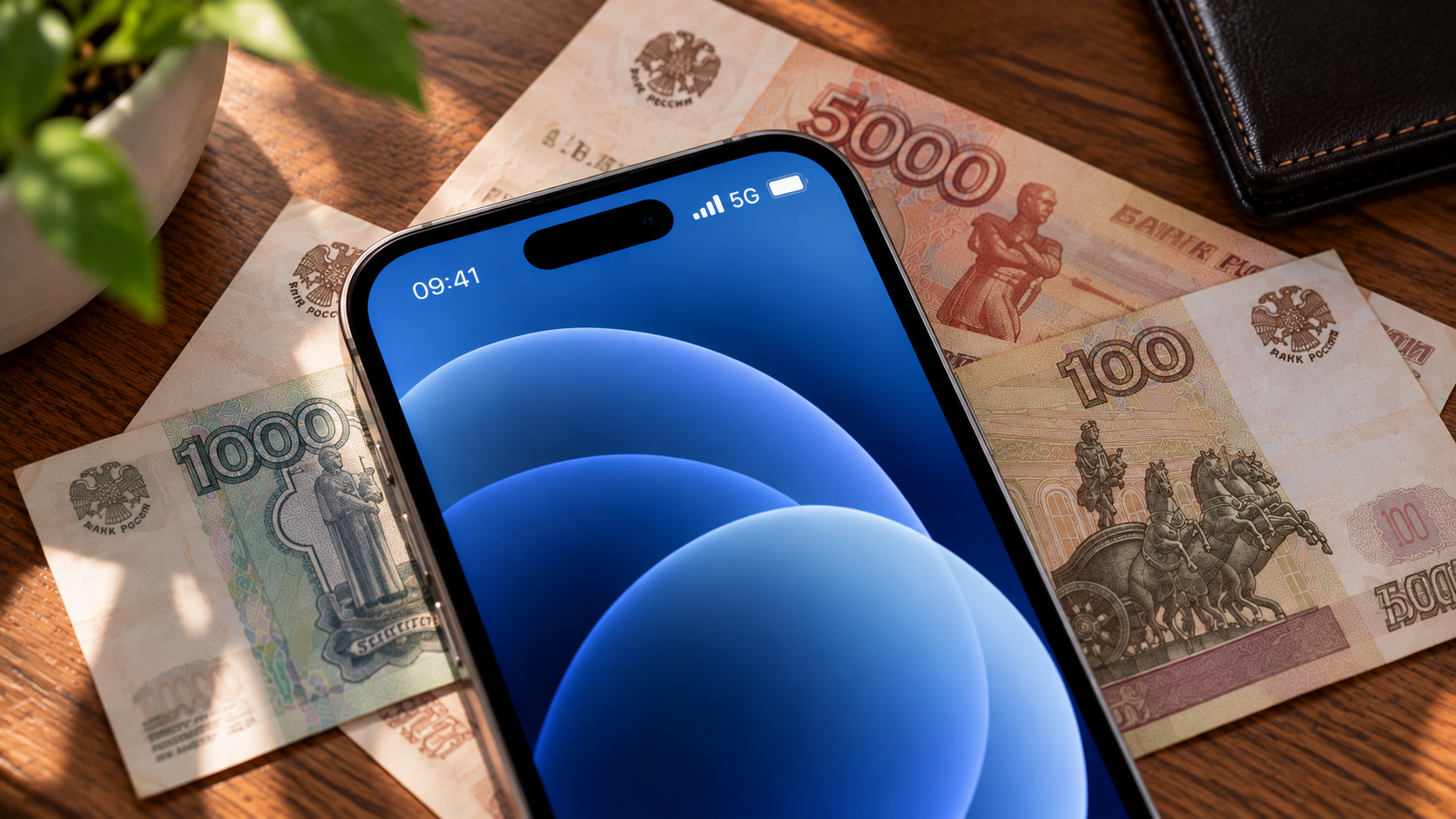 Айфон со включенным 5G лежит на банкнотах