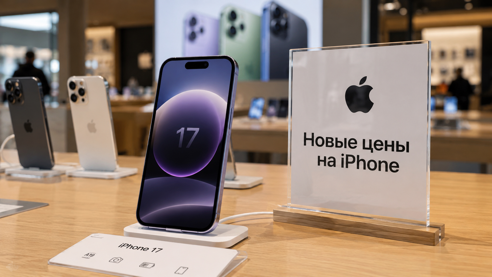 iPhone 17 на витрине магазина по новой цене. Фото.