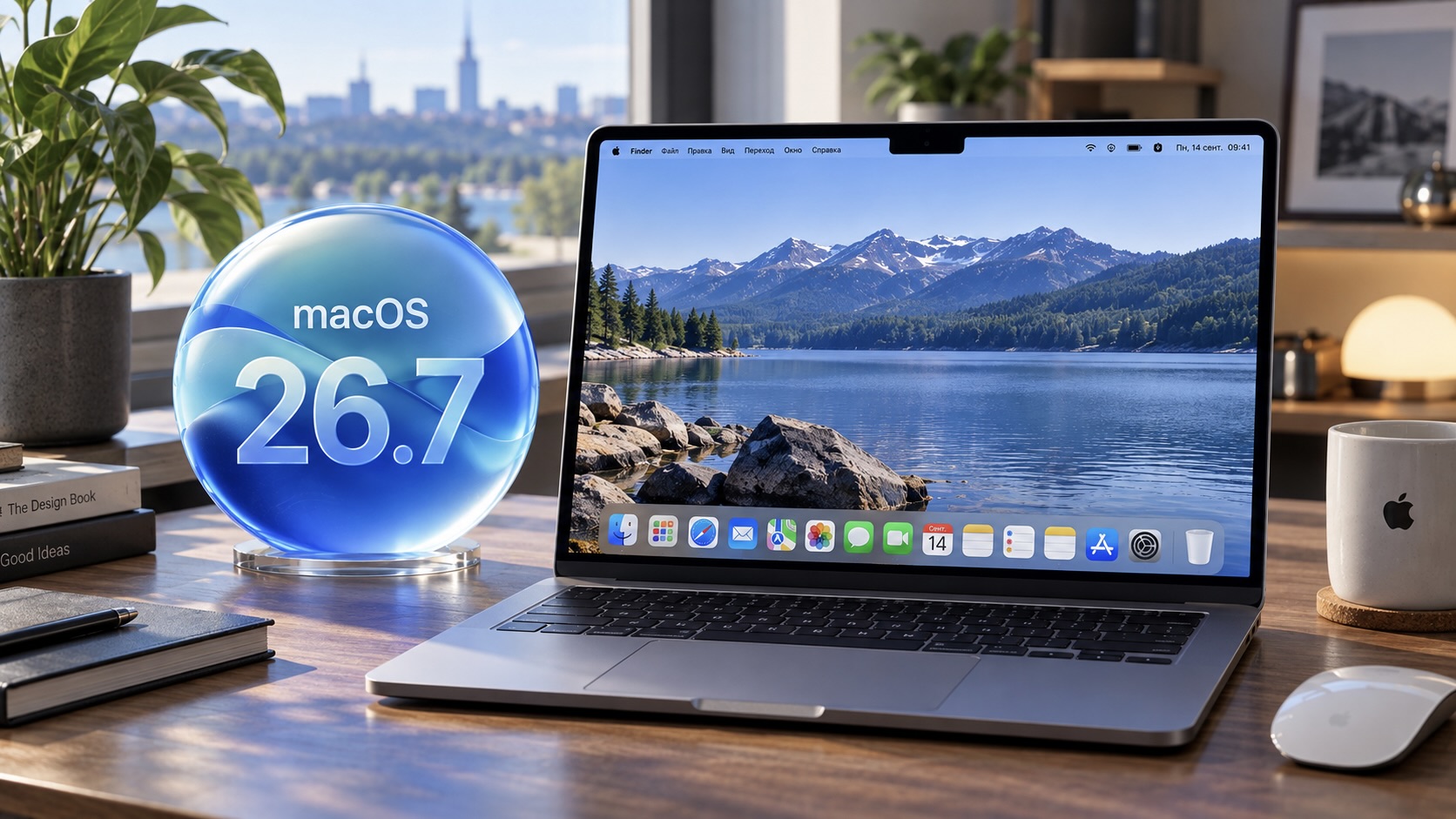 Логотип macOS 26.7 рядом с MacBook