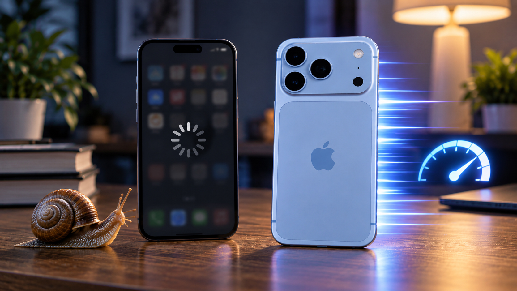 Старый замедленный iPhone рядом с быстрым iPhone 18 Pro