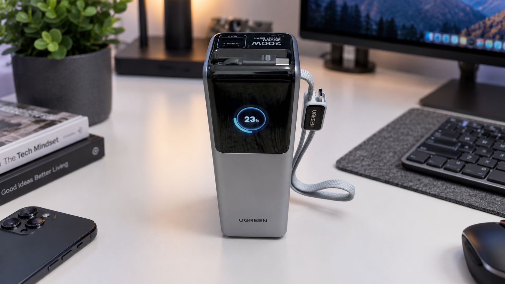 Повербанк UGREEN Nexode Pro с двумя встроенными кабелями