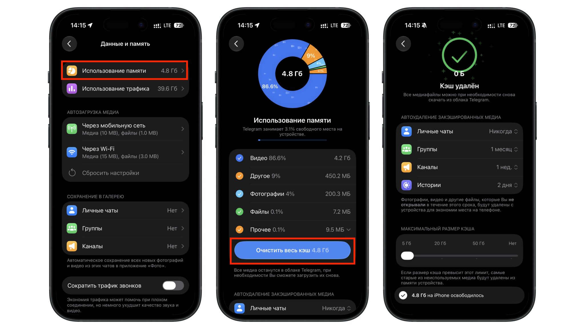 Очистка кэша в Telegram