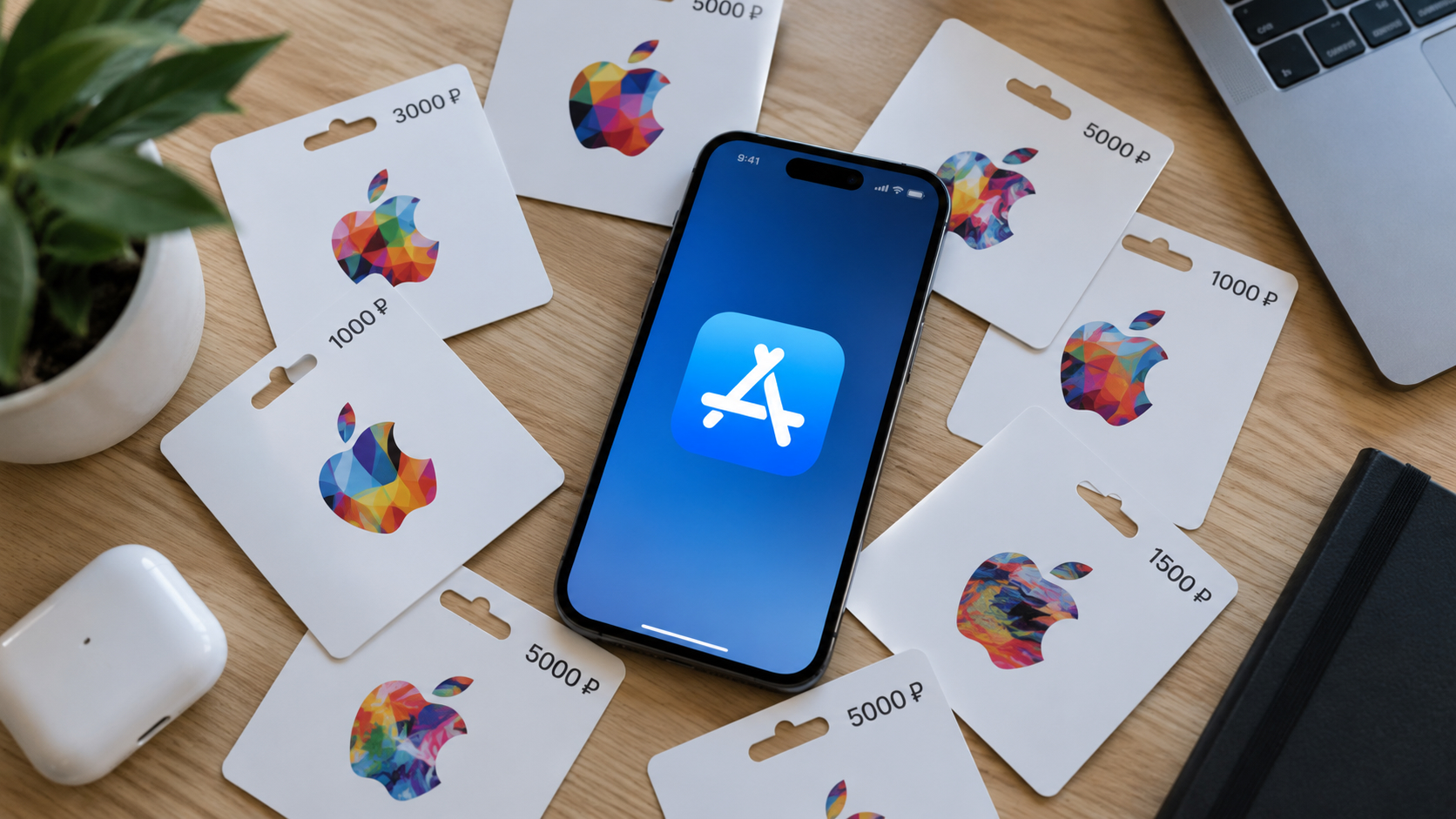 Айфон в окружении рублевых подарочных карт Apple. Фото.