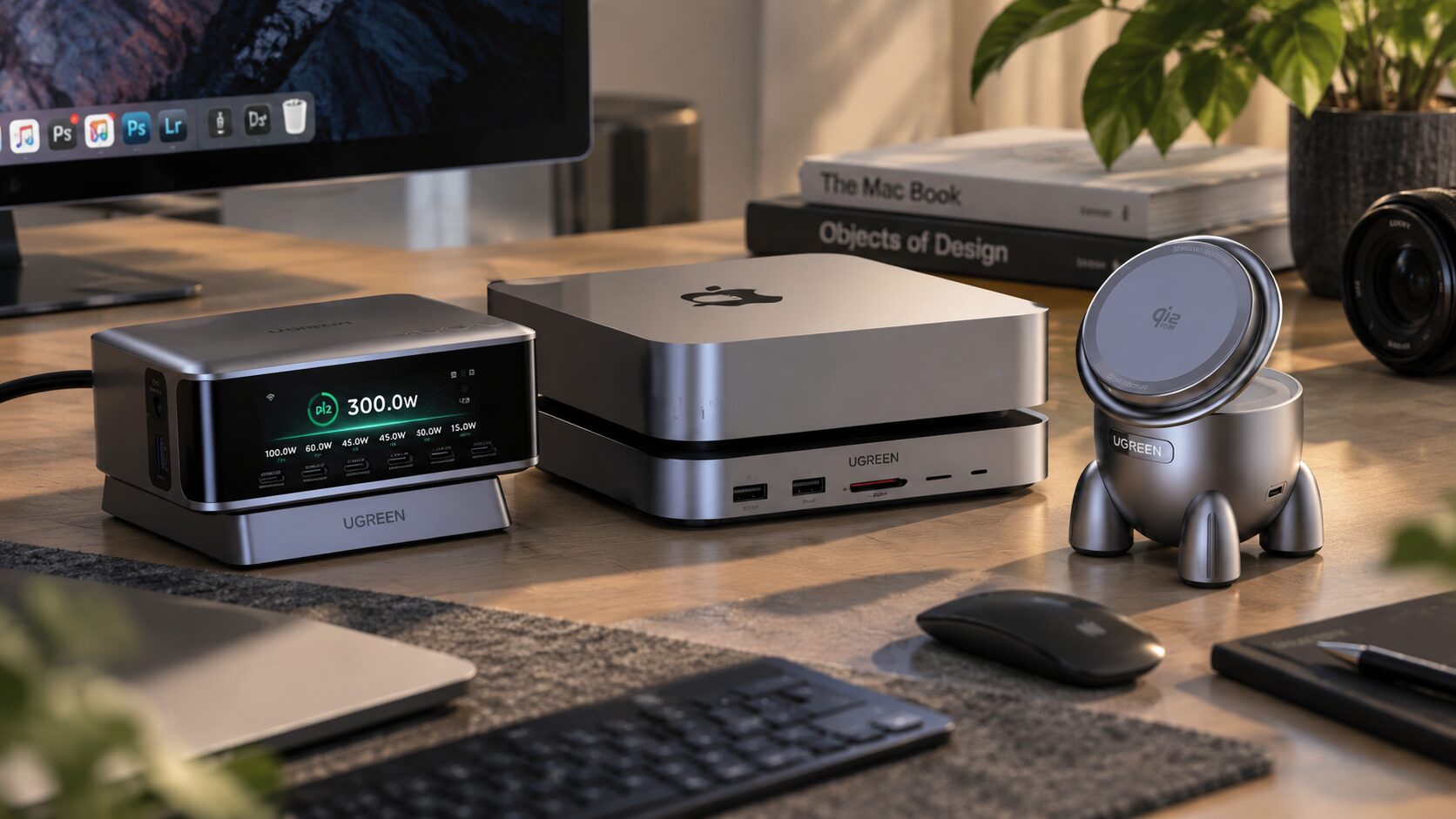 Аксессуары UGREEN рядом с Mac mini на столе. Фото.