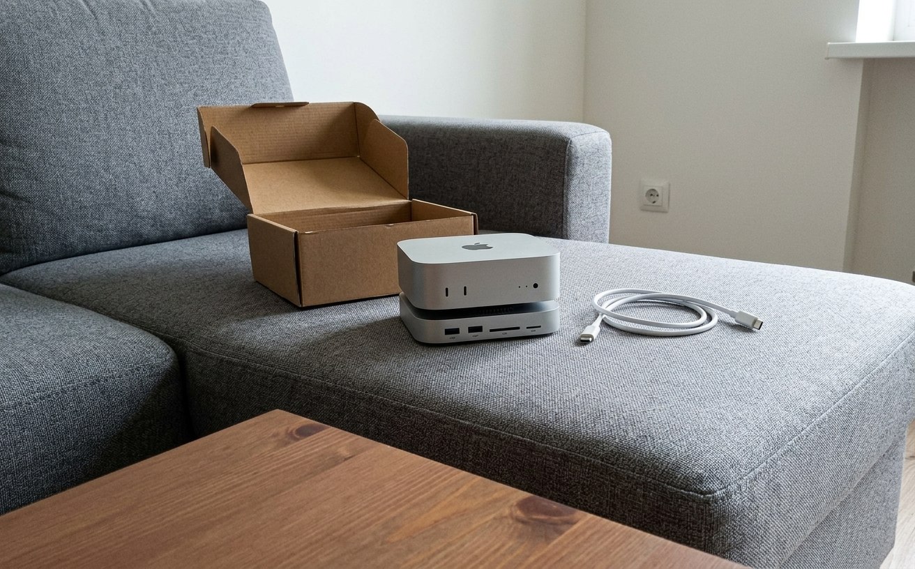 UGREEN док для Mac mini: порты спереди и SSD внутри. Mac mini с док-станцией Ugreen на диване. Фото.