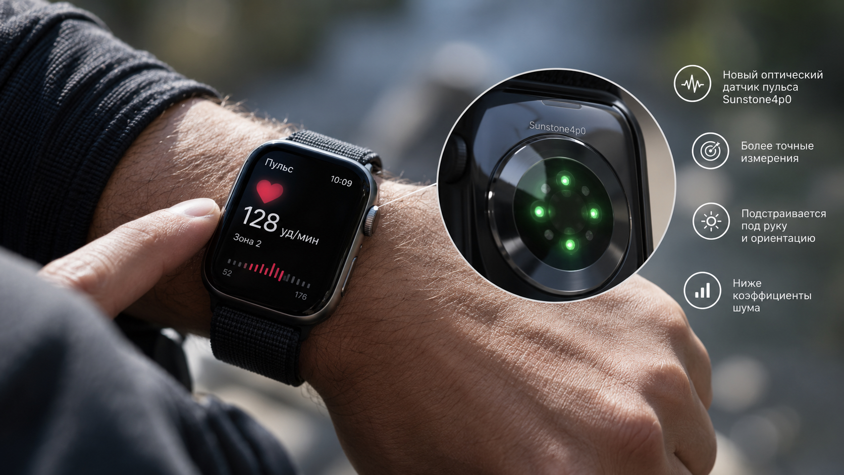 Новый датчик пульса и вдвое больше памяти. Новый датчик пульса в Apple Watch. Фото.