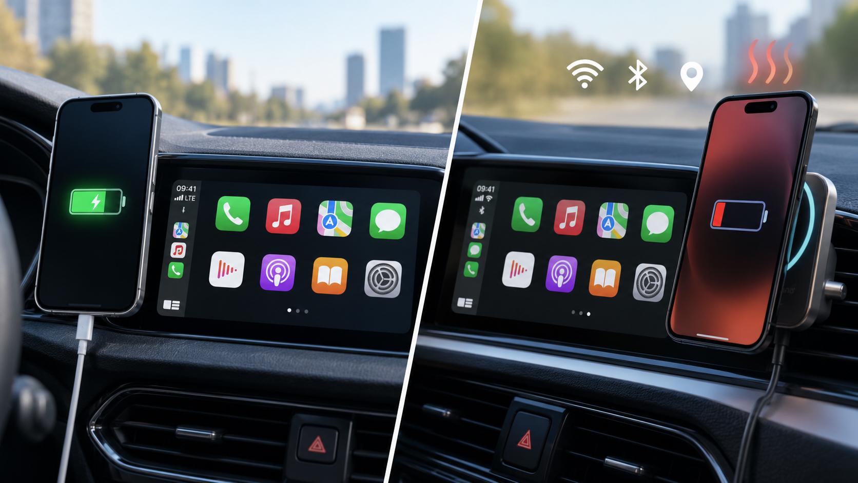Что происходит с зарядом и нагревом. Отличия CarPlay по проводу и без него. Фото.