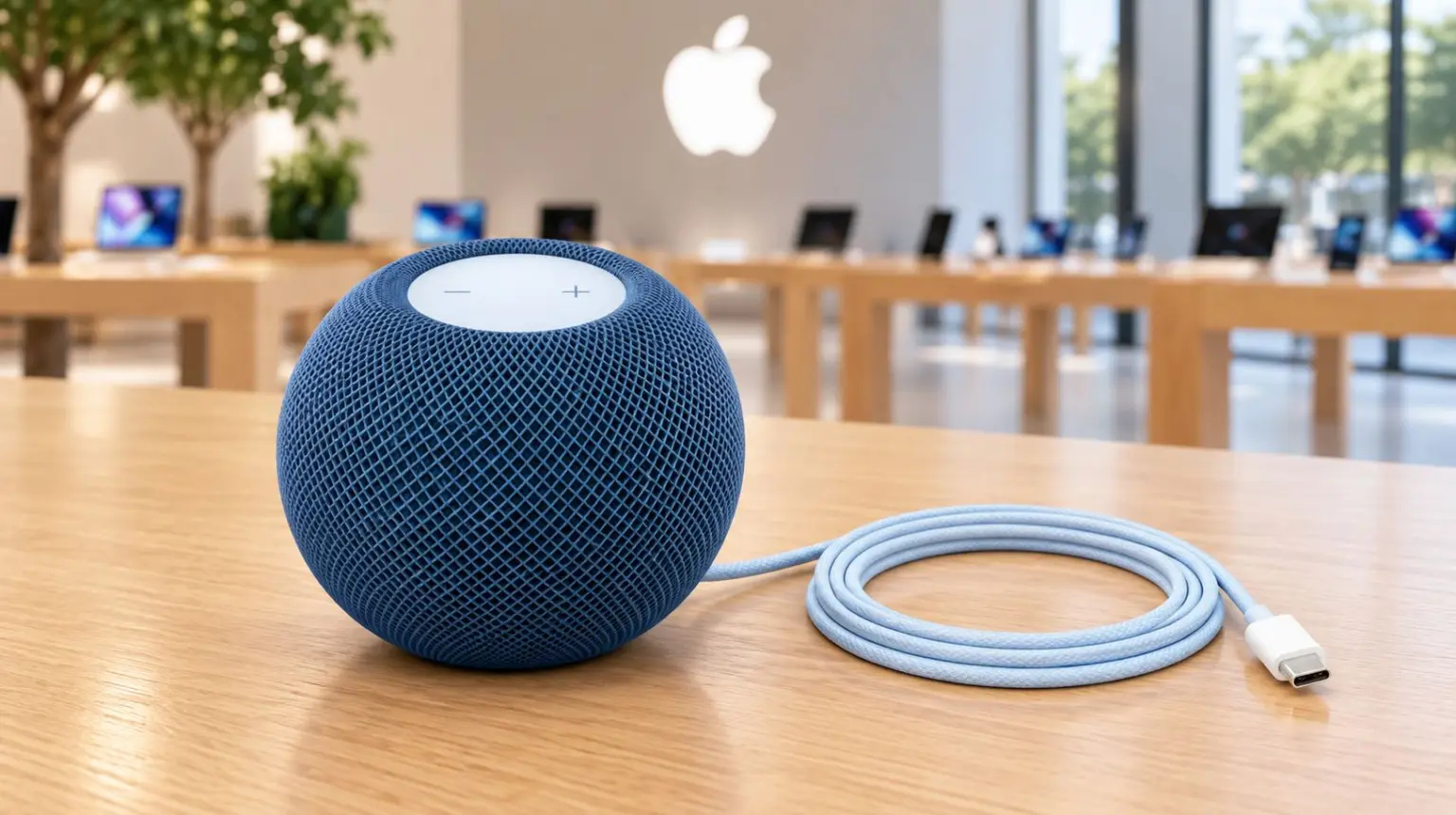 Синяя HomePod mini 2 с плетеным кабелем USB-C