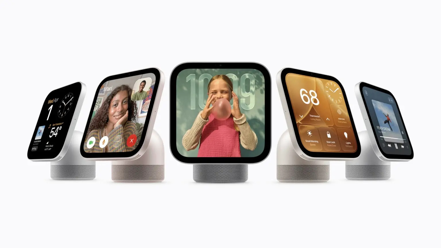 HomeView с разными экранами: часы и погода, звонок FaceTime, фото, управление умным домом и плеер