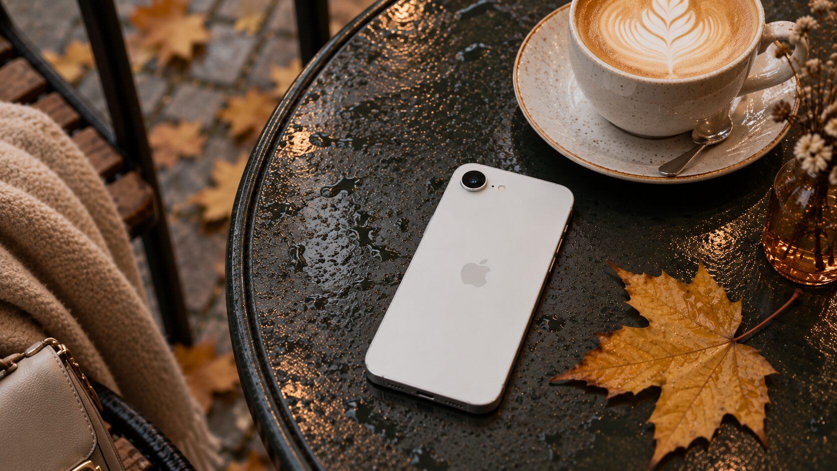 Белый iPhone 16e на столе