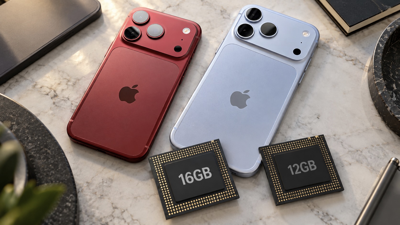 iPhone 18 Pro и iPhone 18 Pro Max рядом с чипами памяти