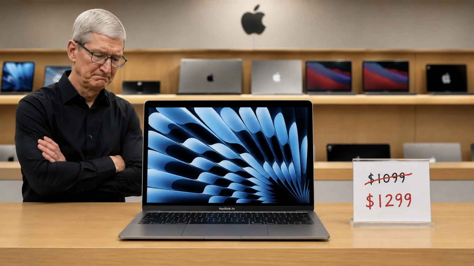 MacBook на столе в Apple Store рядом с новым ценником
