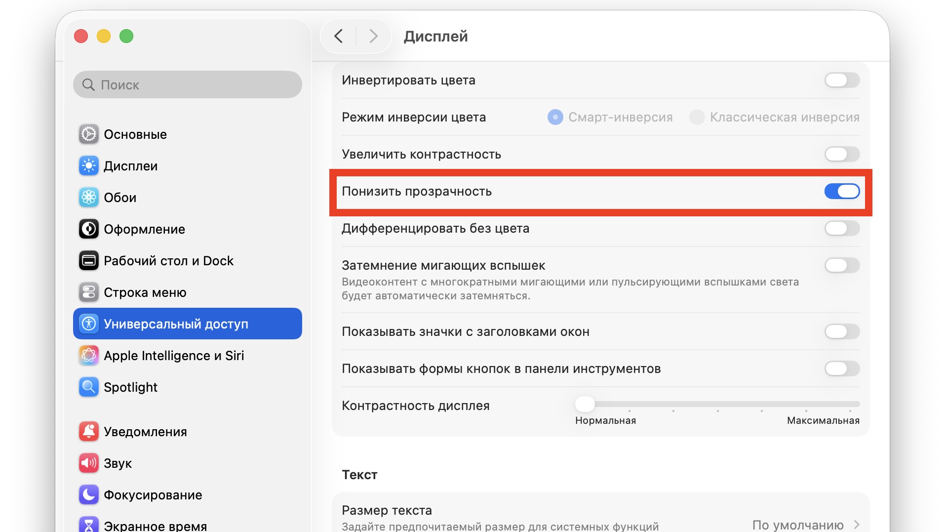 Раздел «Дисплей» в настройках Универсального доступа с включенным переключателем «Понизить прозрачность»