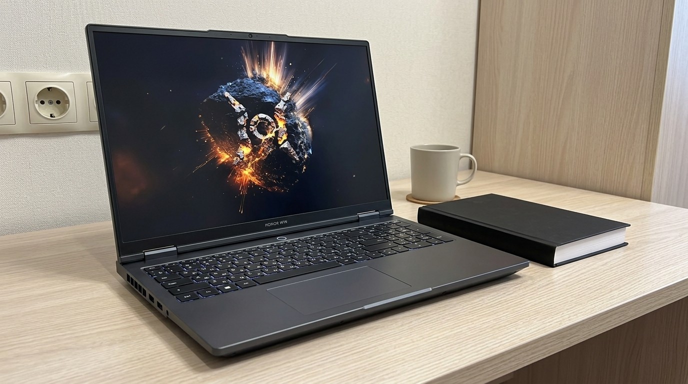 Ноутбук Honor WIN H7 на столе с книгой