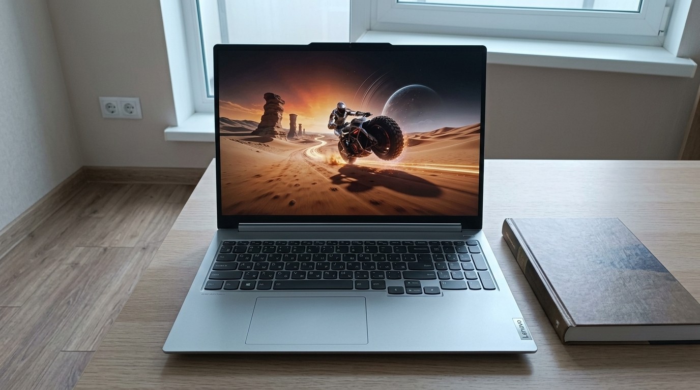 Ноутбук Lenovo ThinkBook с пустынной сценой на экране