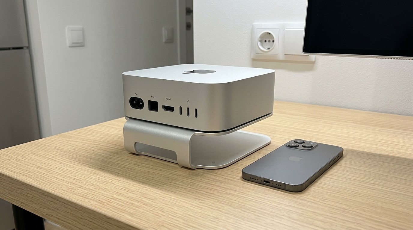 Mac mini на алюминиевой подставке рядом со смартфоном