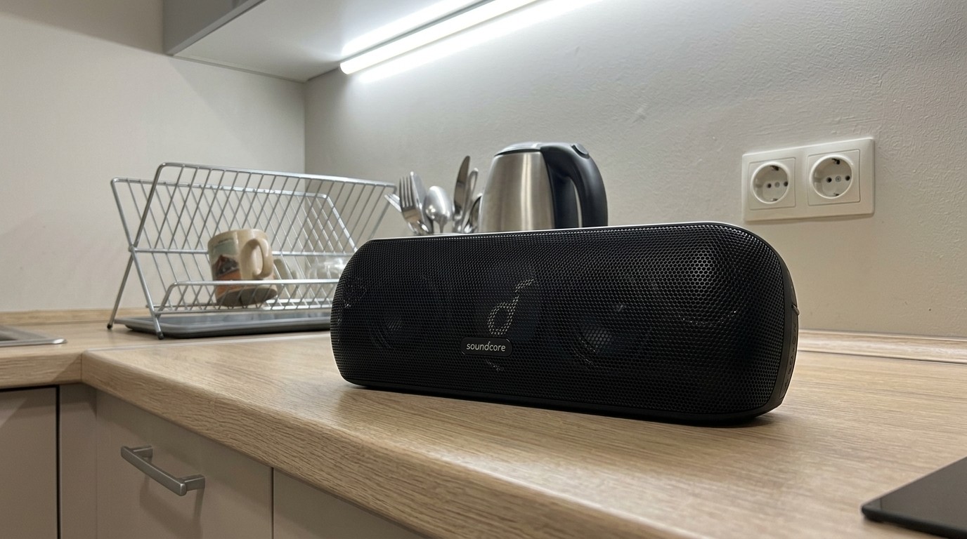 Портативная колонка Soundcore на кухонной столешнице