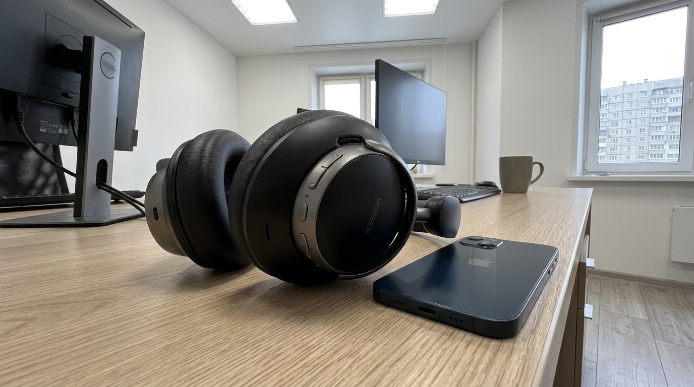 Наушники UGREEN Studio Pro на столе рядом со смартфоном