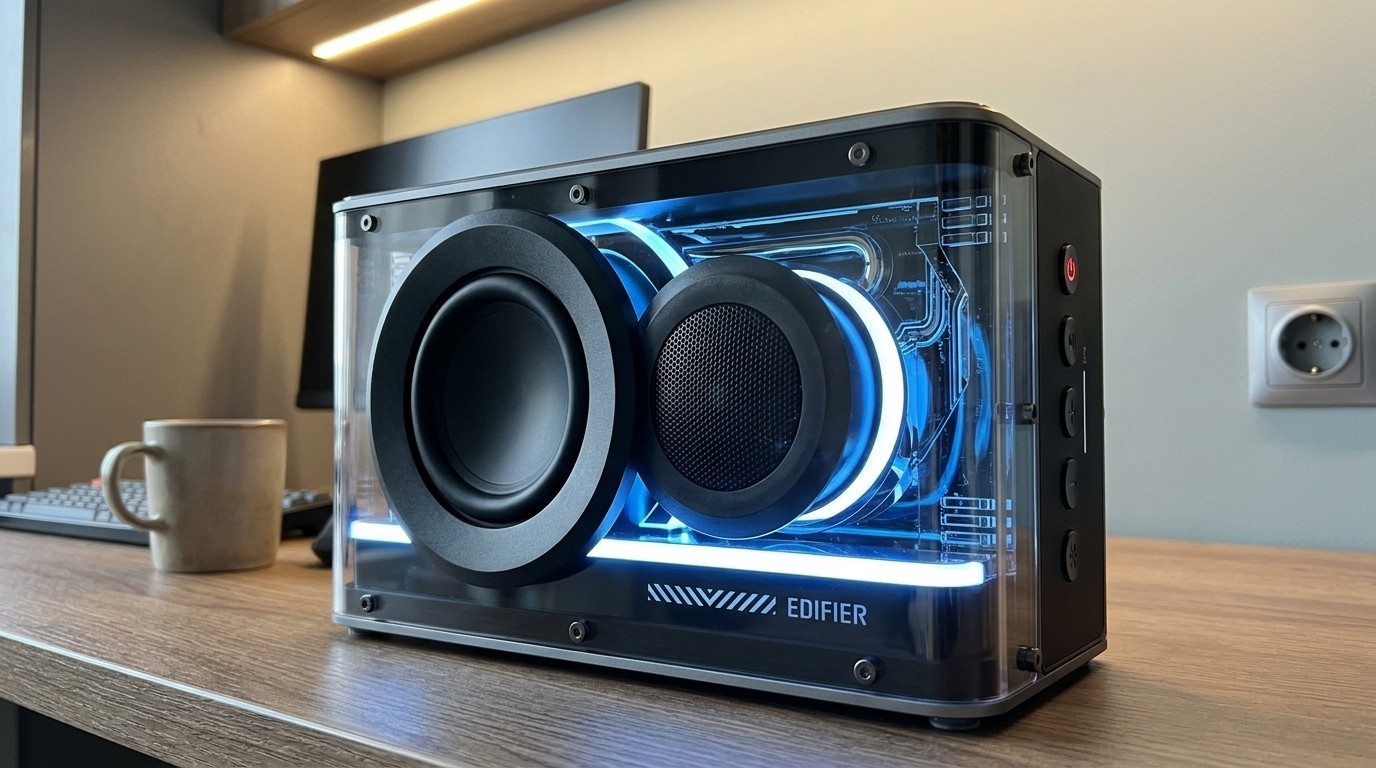 Колонка Edifier QD25 на столе у монитора