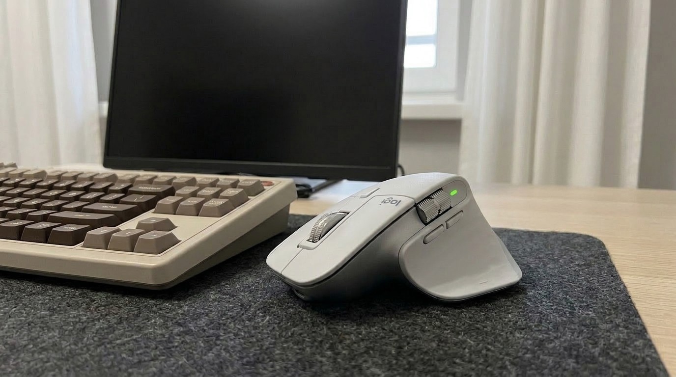 Мышь Logitech MX Master 3S рядом с клавиатурой