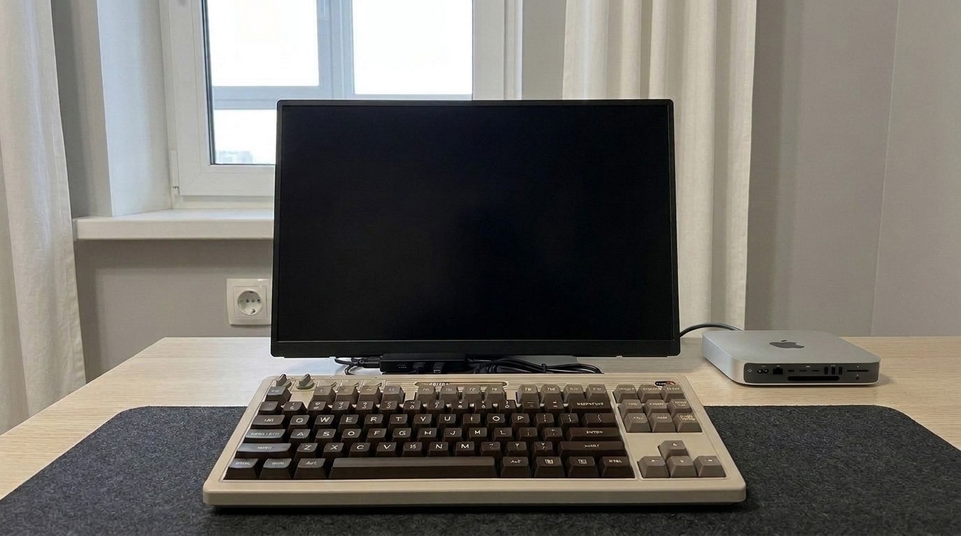 Портативный монитор UPERFECT, клавиатура C64 и Mac mini на столе
