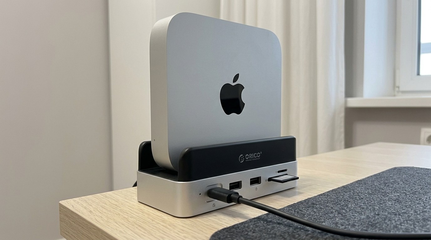 Mac mini стоит вертикально в доке ORICO