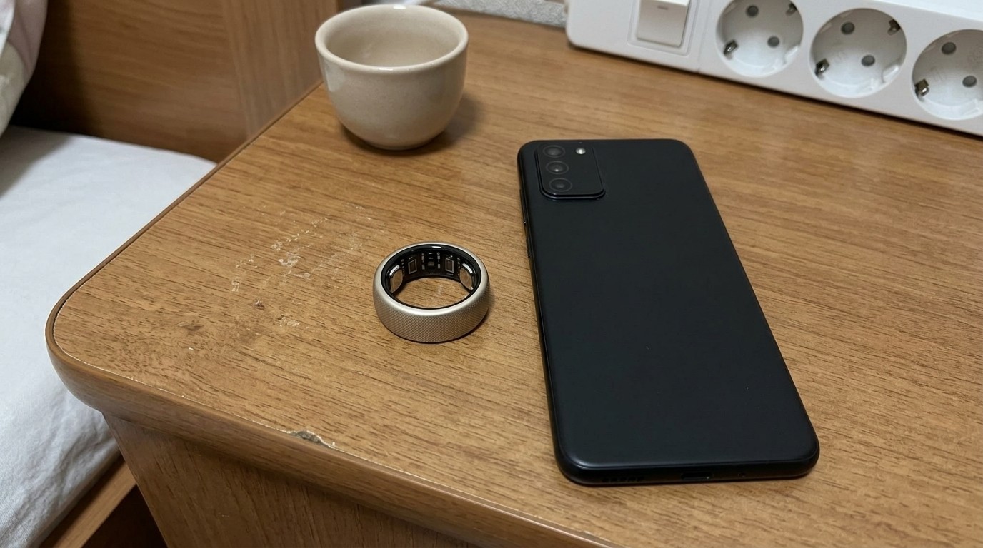 Умное кольцо Helio Ring рядом со смартфоном на тумбочке