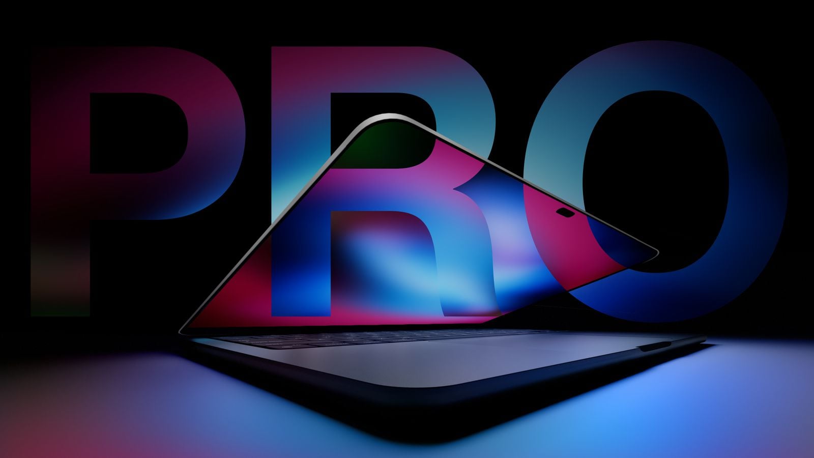 Приоткрытый MacBook Pro на фоне большой надписи PRO