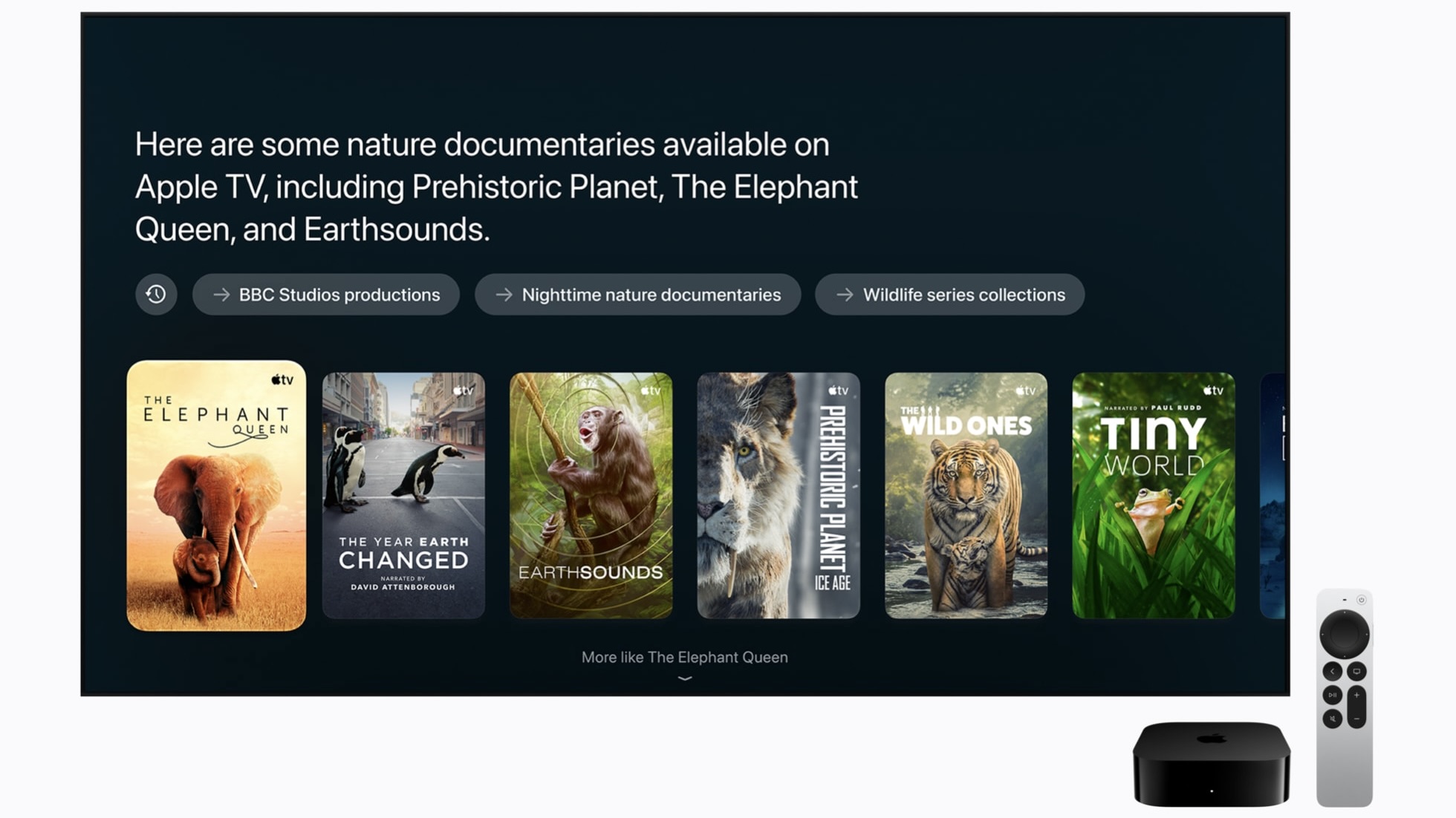 Siri AI на Apple TV подобрала документальные фильмы о природе и предлагает уточнить запрос