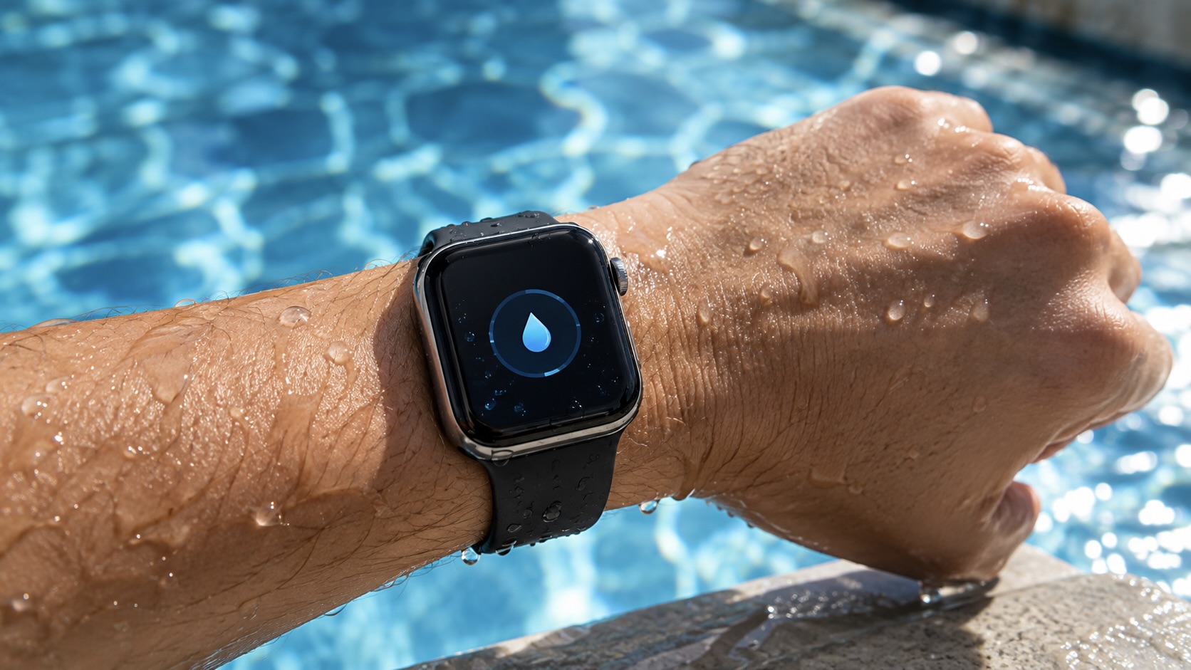 Apple Watch на мокрой руке у бассейна, на экране значок капли блокировки воды