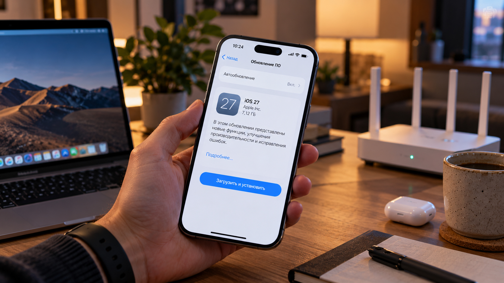 iPhone в руке на экране загрузки iOS 27 с кнопкой «Загрузить и установить», на столе за ним стоят MacBook и домашний Wi-Fi-роутер