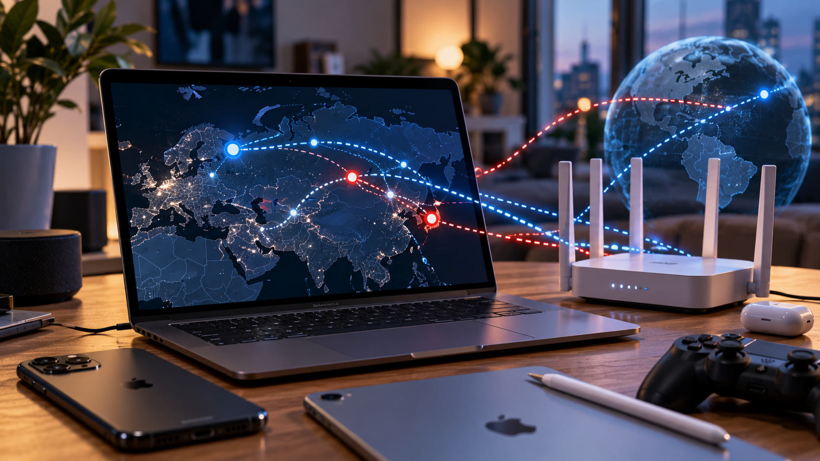 Домашний стол с MacBook, iPhone, iPad, AirPods и геймпадом рядом с роутером: на экране ноутбука карта, по которой трафик идет через разные страны