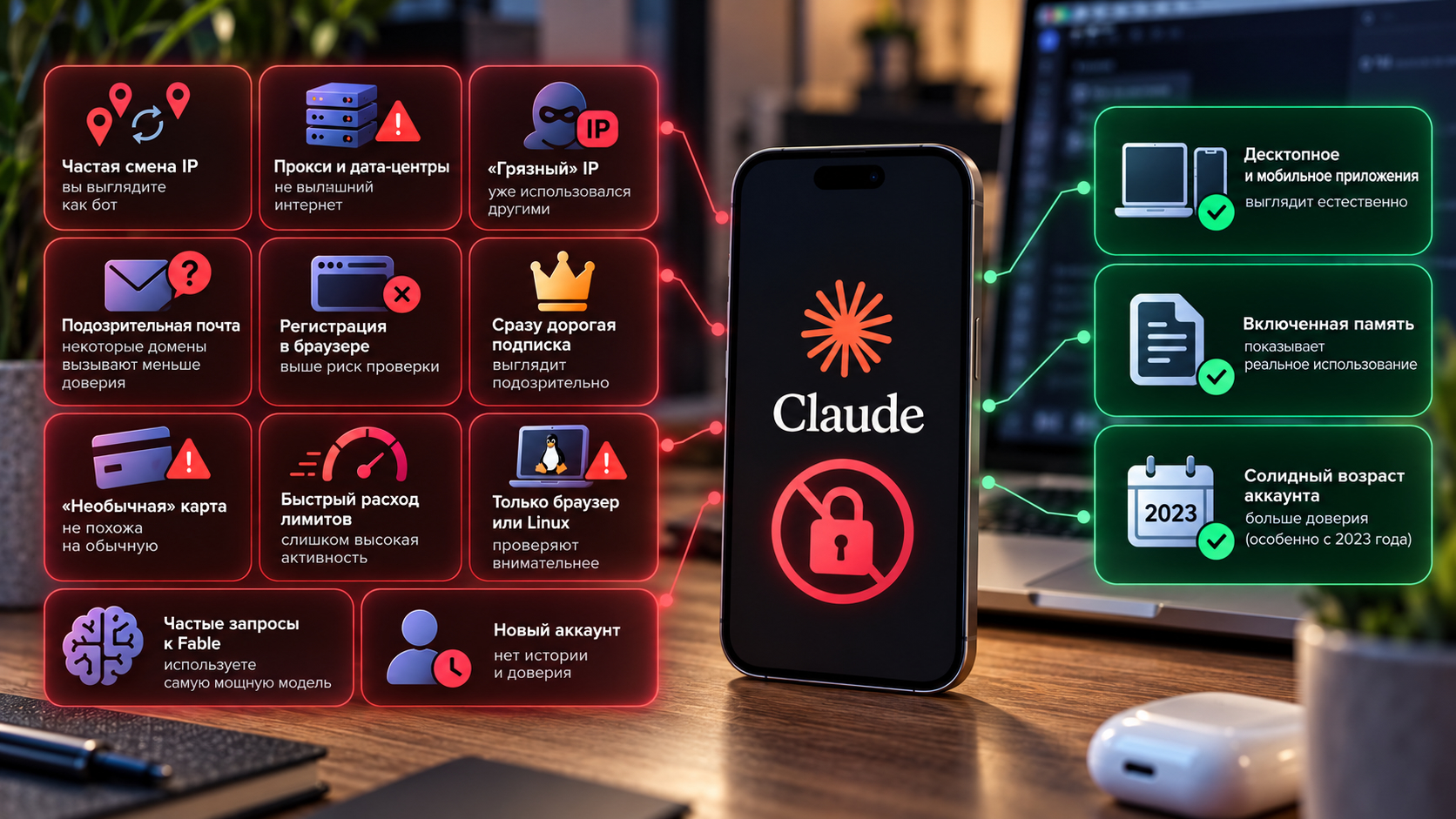 Инфографика вокруг iPhone с Claude: слева красным причины, которые снижают доверие к аккаунту, справа зеленым то, что его повышает