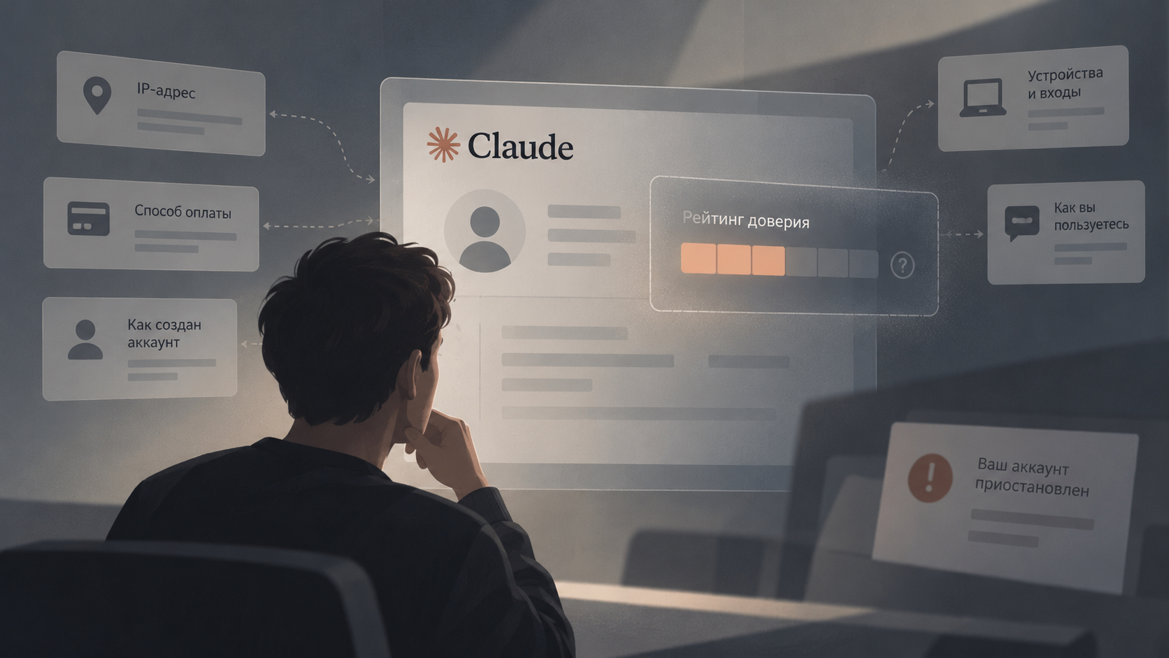 Человек смотрит на профиль Claude со шкалой рейтинга доверия, вокруг карточки с IP-адресом, способом оплаты, устройствами и тем, как создан аккаунт