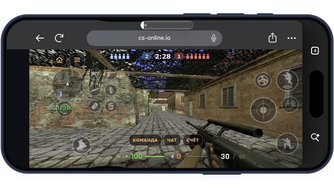 iPhone в горизонтальном положении с CS 1.6 на cs-online.io: сенсорные кнопки стрельбы, прыжка и приседа по краям экрана, в руках у игрока винтовка AUG