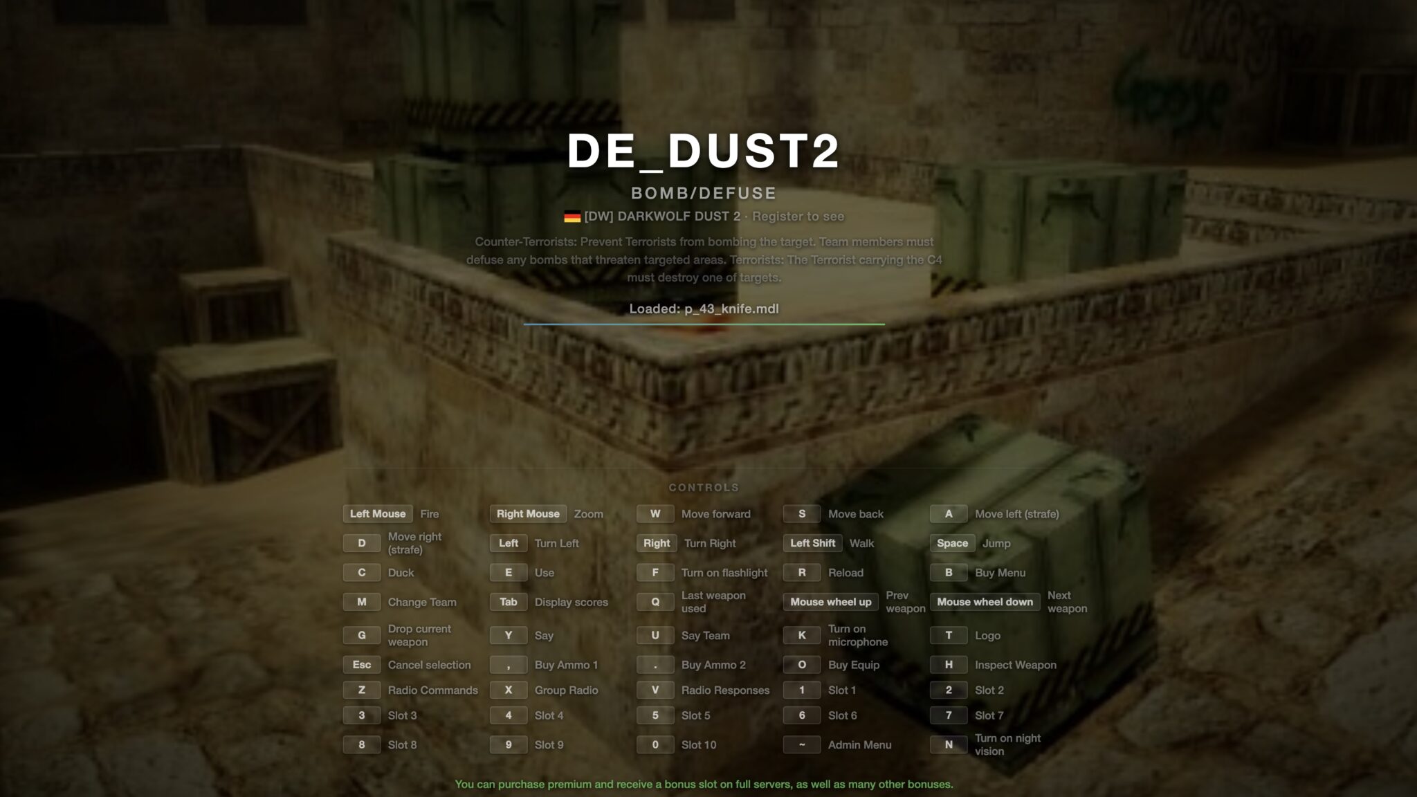 Экран загрузки карты de_dust2 на play-cs.com со схемой управления: клавиши и их действия в несколько колонок
