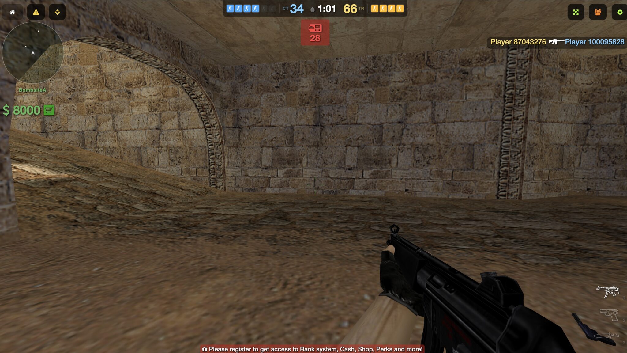 Перестрелка на de_dust2 в браузере: игрок с MP5 у точки A, слева мини-карта и 8000 долларов на счету