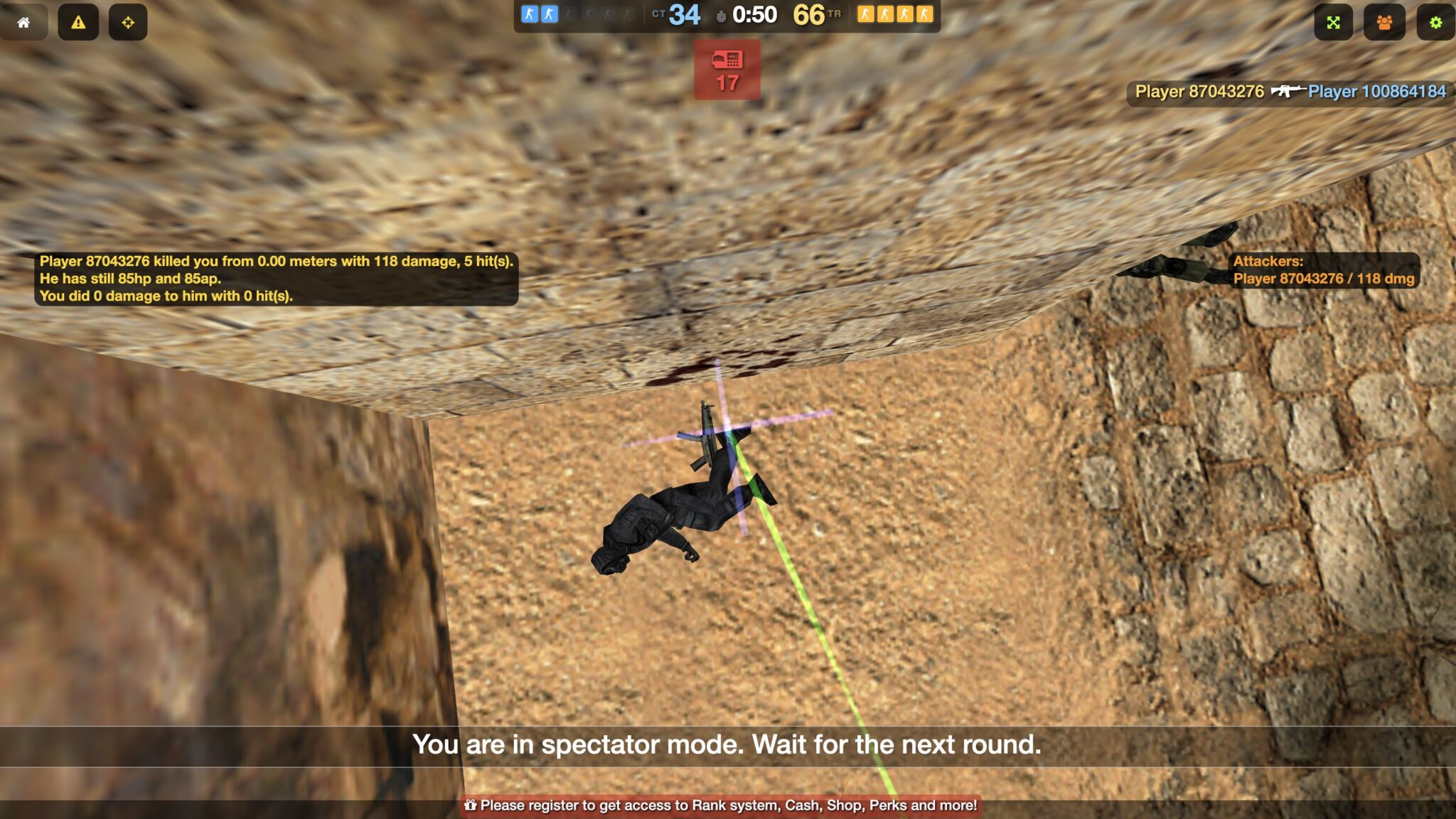 Экран после гибели игрока на de_dust2: противник попал пять раз и нанес 118 урона, внизу надпись о режиме наблюдателя