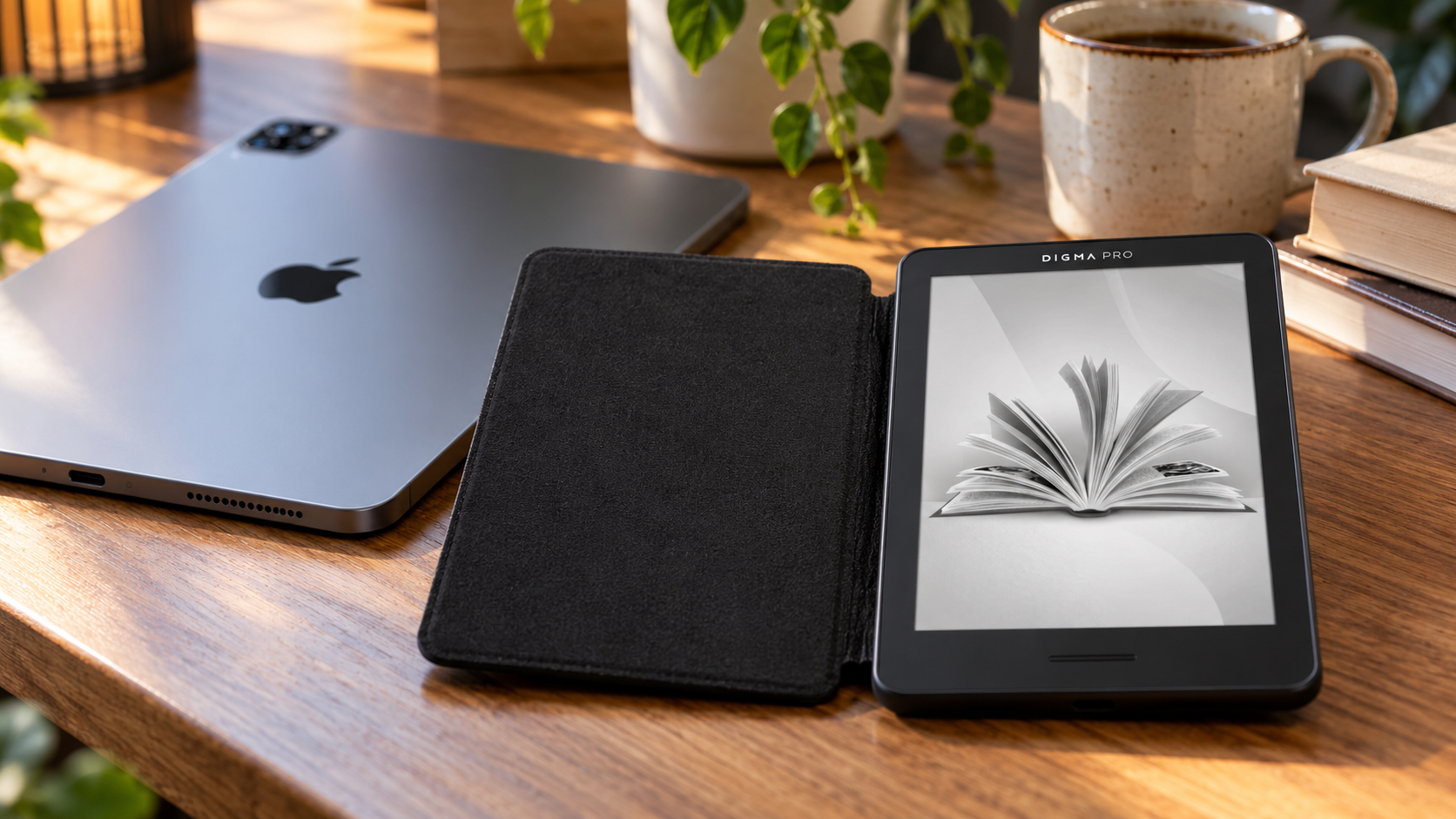 Электронная книга Digma Pro Moon 6 в чехле рядом с отложенным iPad