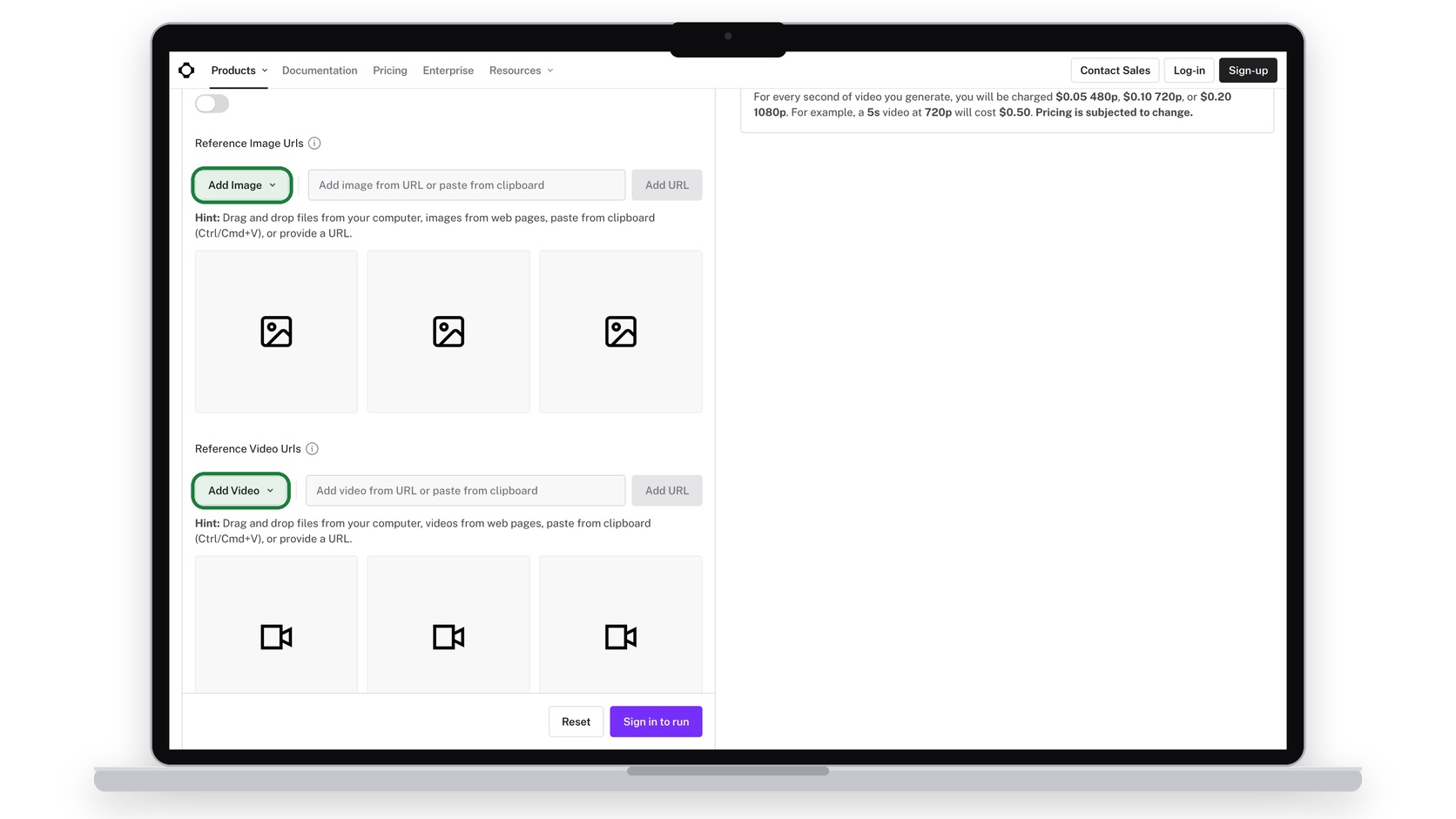 Кнопки Add Image и Add Video на fal.ai