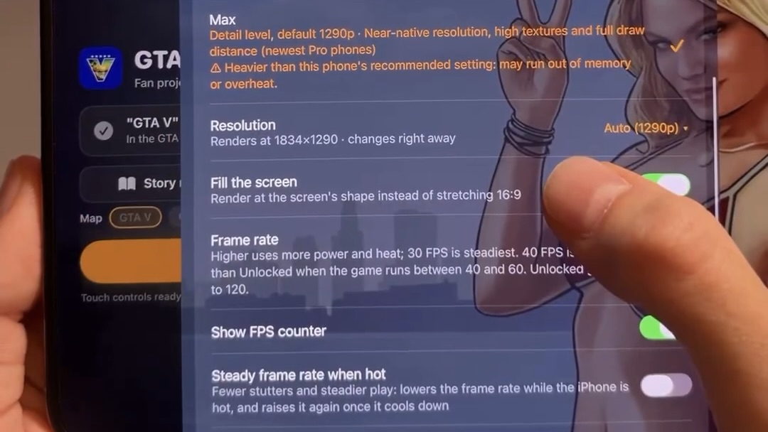Настройки GTA V Port: графический пресет Max, разрешение, частота кадров и счетчик FPS. Изображение: BenGeskin
