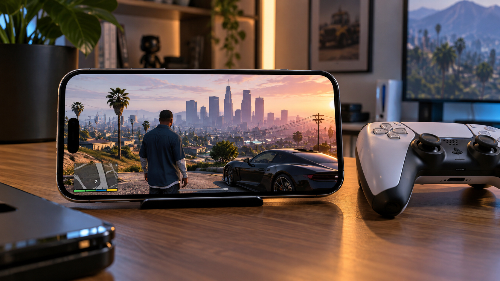 iPhone с запущенной GTA V стоит на подставке рядом с геймпадом DualSense