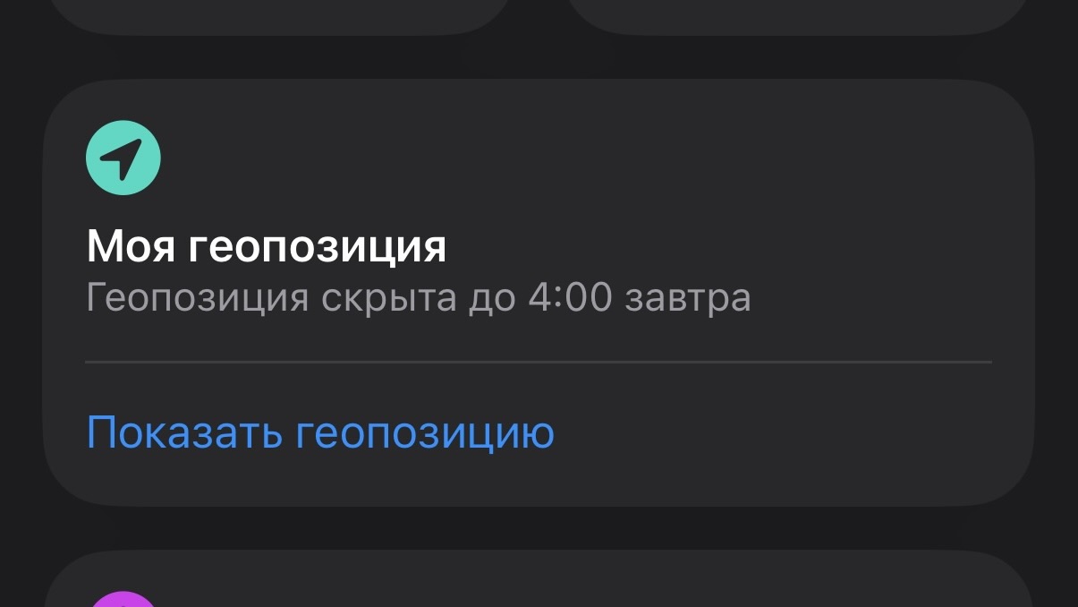 Блок «Моя геопозиция» в Локаторе с надписью «Геопозиция скрыта до 4:00 завтра»