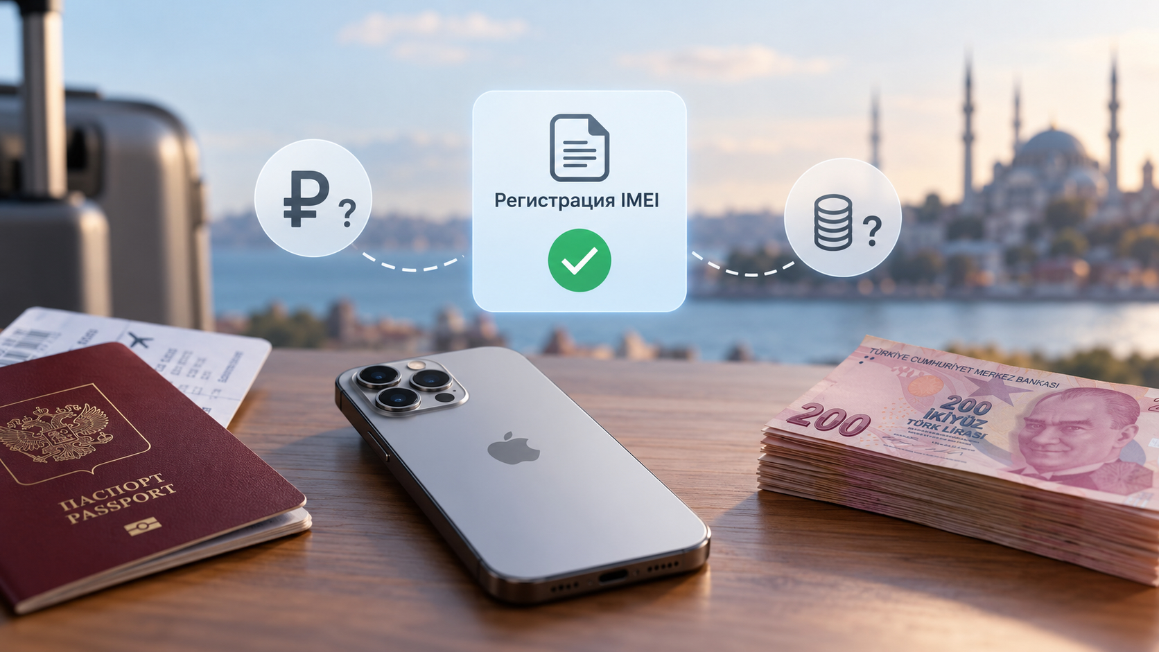 iPhone на столе между российским загранпаспортом и пачкой турецких лир, над ним значок «Регистрация IMEI» и вопросы о цене