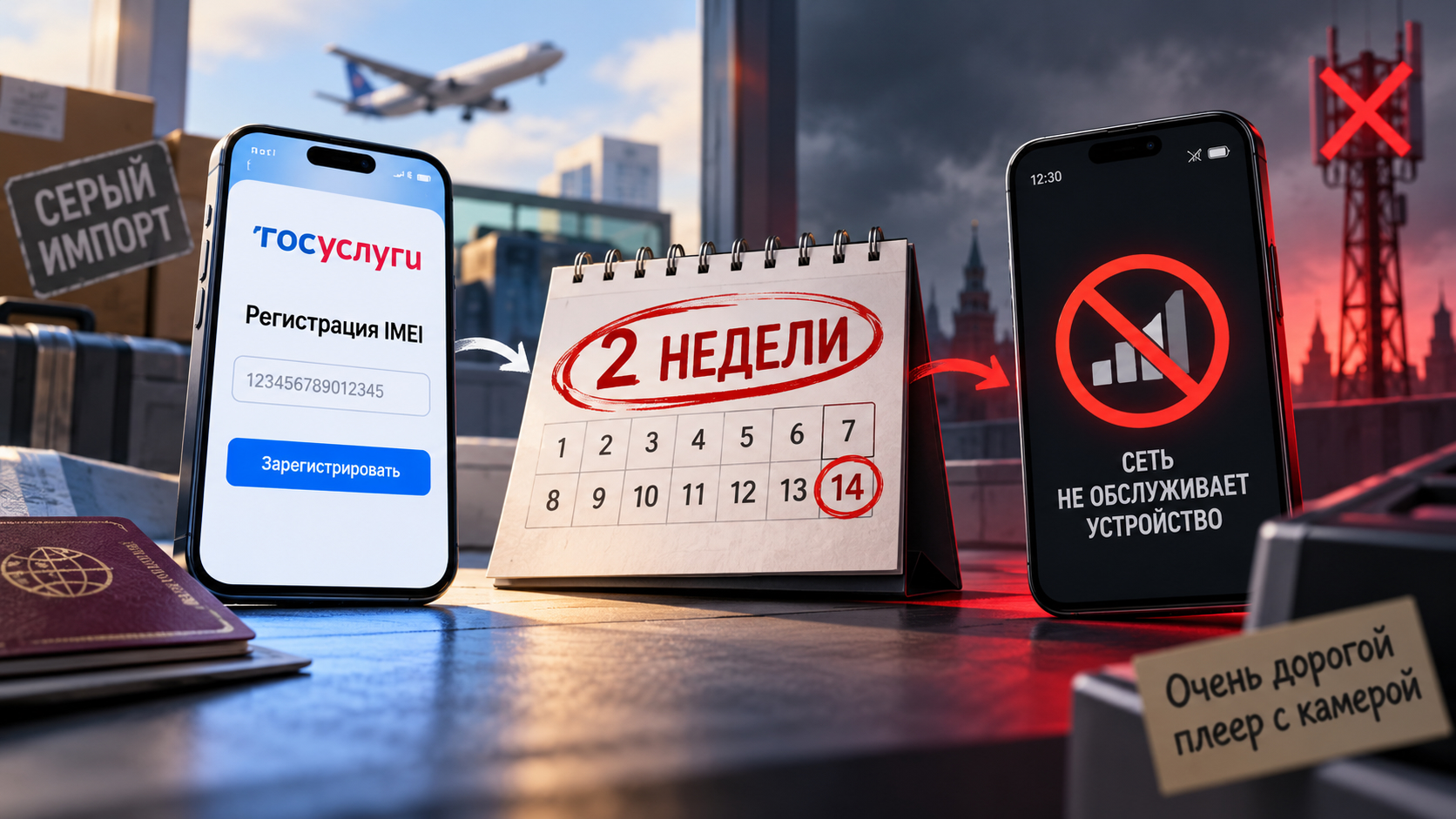 Схема: регистрация IMEI на Госуслугах, две недели в календаре и смартфон с надписью «Сеть не обслуживает устройство»